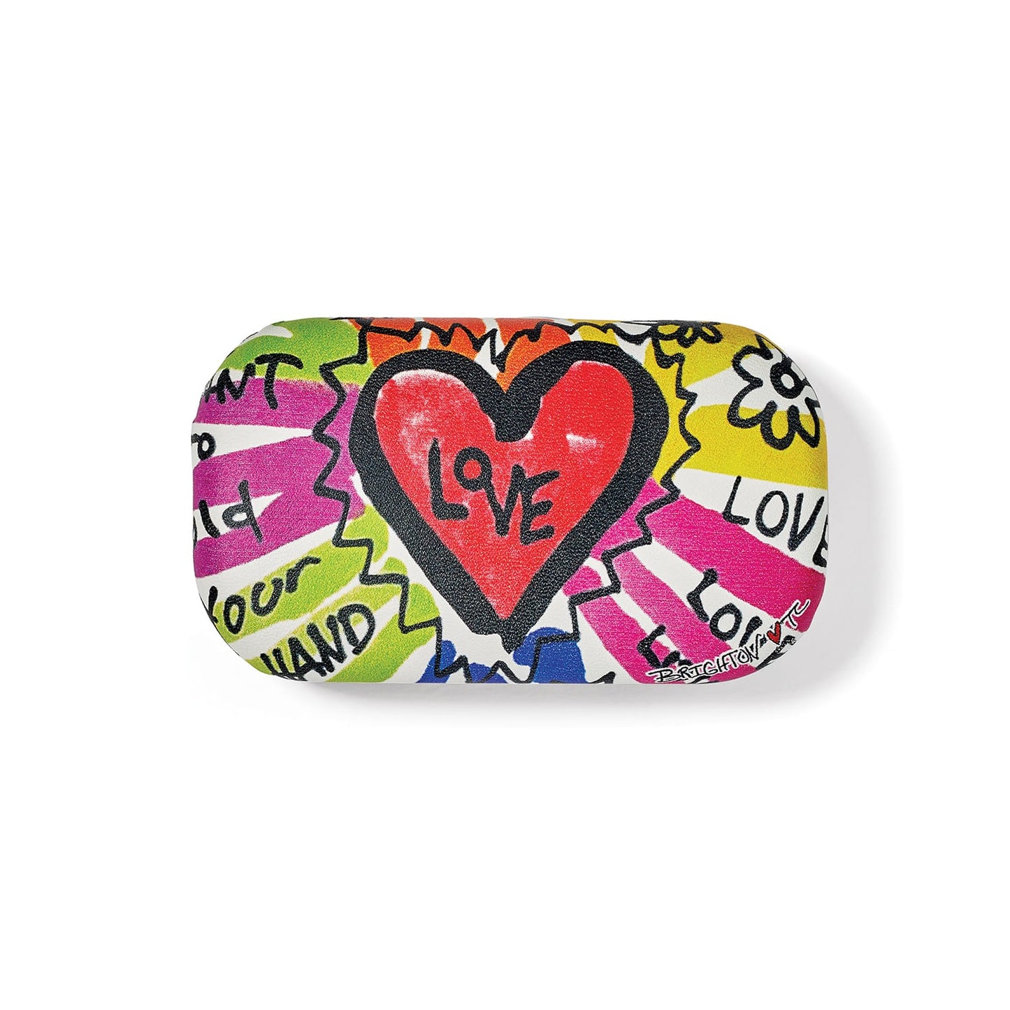 Brighton case with colorful graffiti-style print featuring a red love heart and bold lettering on a white background