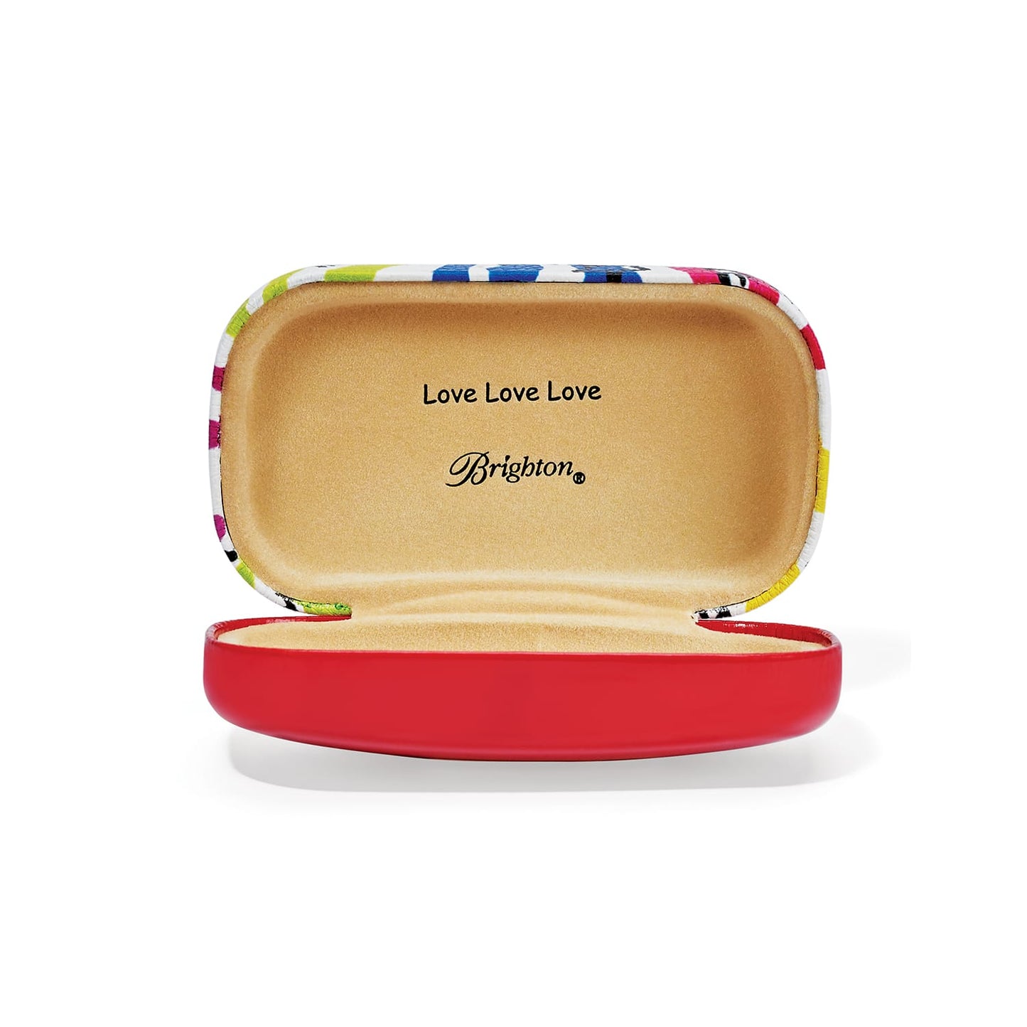 Brighton sunglasses case shown open with red exterior, tan interior, and Love Love Love text on a white background