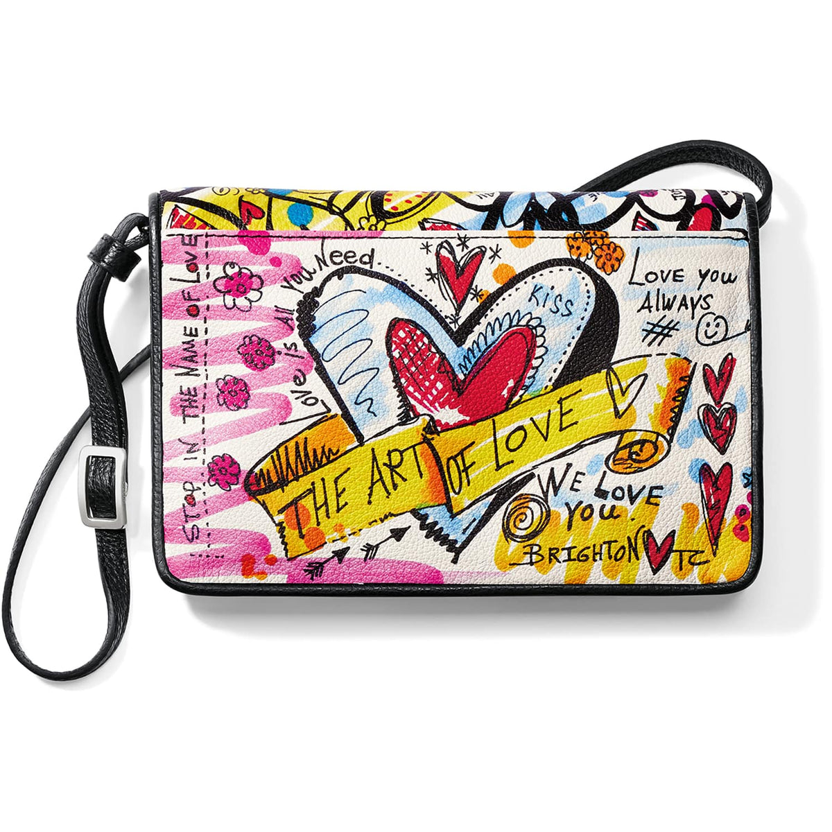 Brighton crossbody handbag with colorful graphic heart print reading The Art of Love and black leather strap on a white background