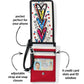 Close-up of Brighton wallet shown open with heart print interior, red card slots, ID window, and adjustable strap