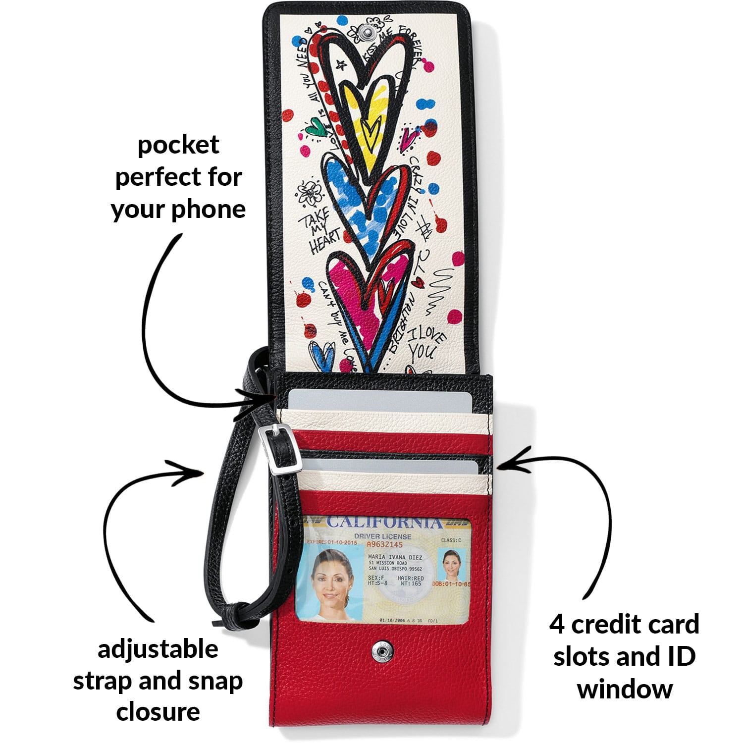 Close-up of Brighton wallet shown open with heart print interior, red card slots, ID window, and adjustable strap