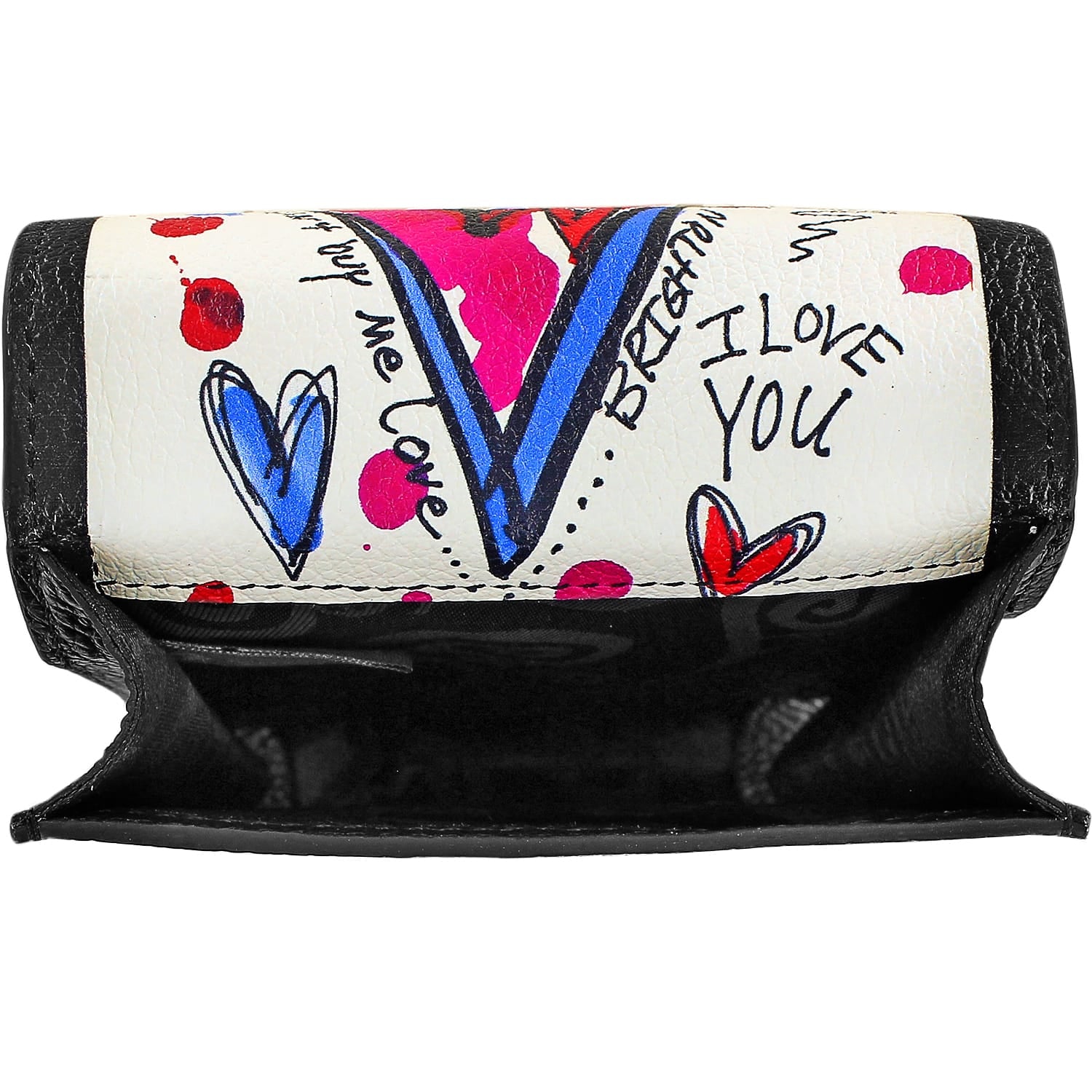 Brighton wallet shown open with black interior and white flap featuring hearts and I Love You print on white background