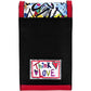 Brighton cigarette case with black pebbled texture, red trim, and colorful Think Love graphic patch on a white background