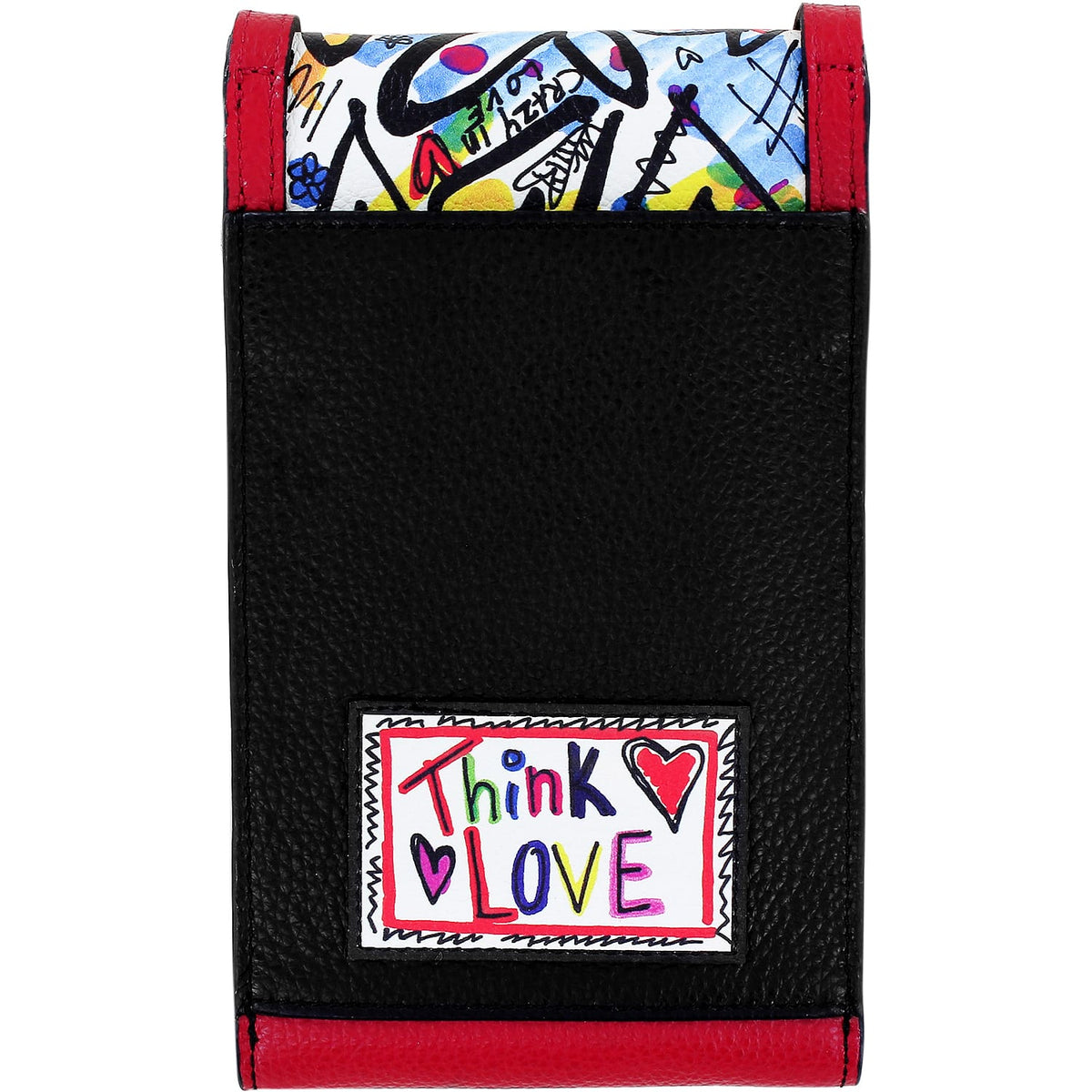 Brighton cigarette case with black pebbled texture, red trim, and colorful Think Love graphic patch on a white background