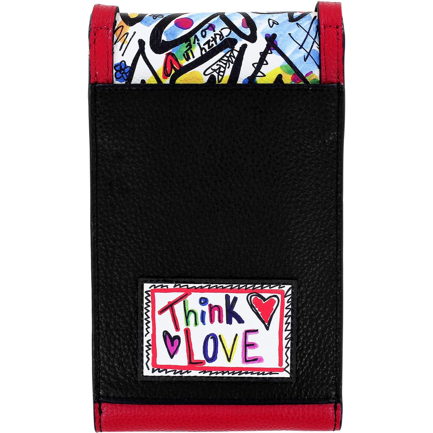 Brighton cigarette case with black pebbled texture, red trim, and colorful Think Love graphic patch on a white background