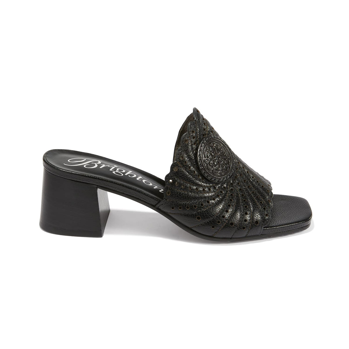 Brighton black leather heeled mule sandal with perforated swirl design and medallion accent on a white background
