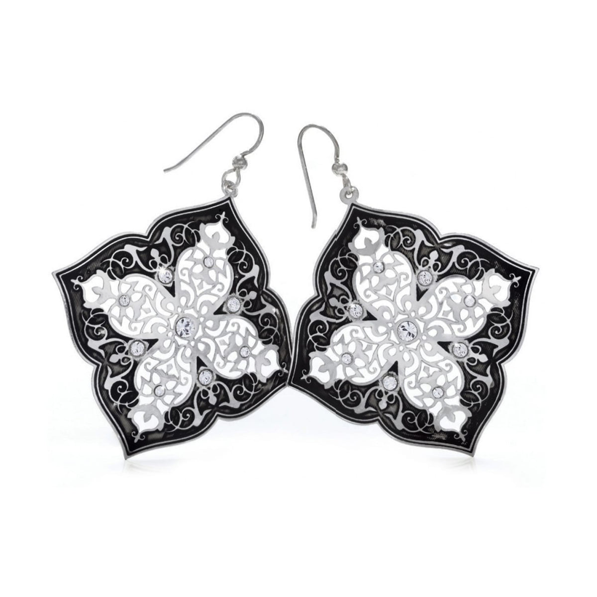 Brighton drop earrings with black and silver-plated floral filigree design accented with crystals on a white background