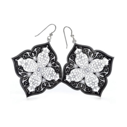 Brighton drop earrings with black and silver-plated floral filigree design accented with crystals on a white background