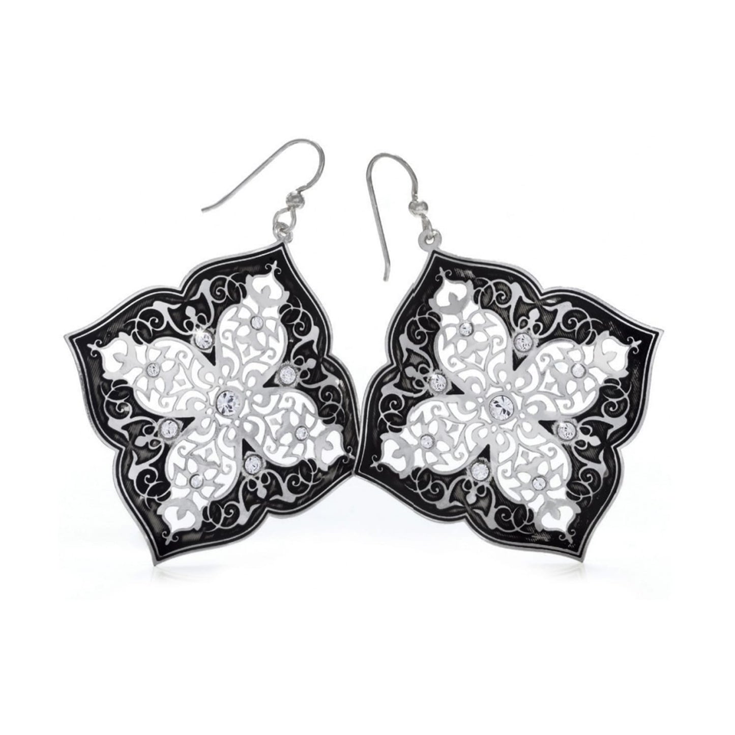 Brighton drop earrings with black and silver-plated floral filigree design accented with crystals on a white background