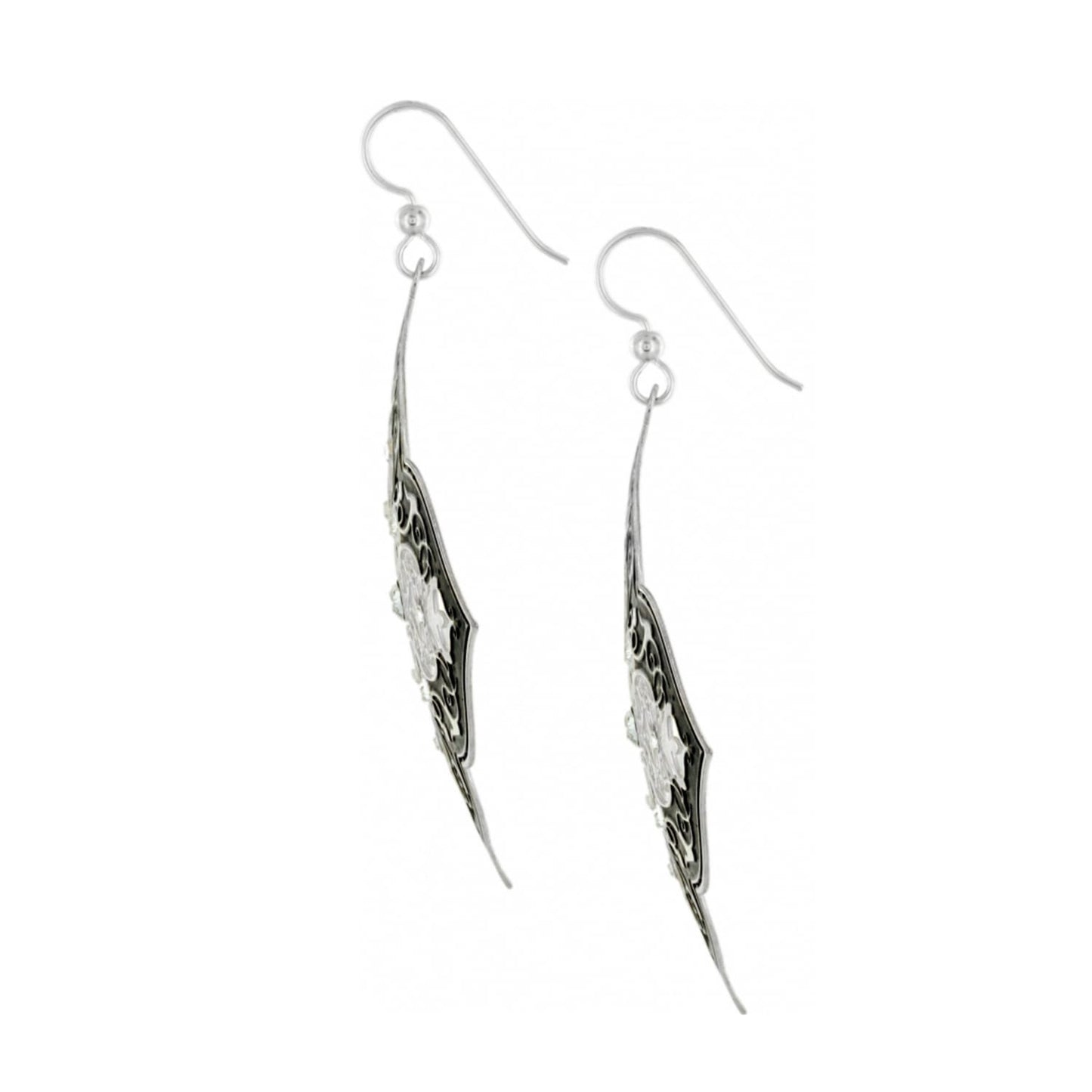 Brighton drop earrings with elongated silver-plated diamond-shaped design and ornate scrollwork detail on a white background