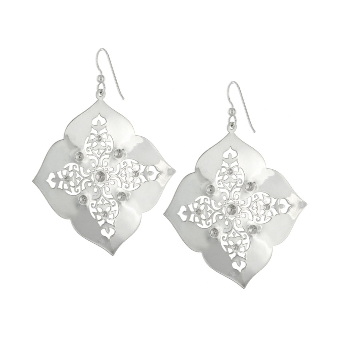 Brighton drop earrings with silver-plated quatrefoil shape and openwork scroll design with crystal accents on a white background