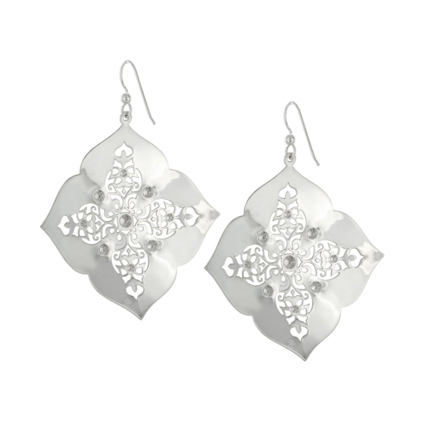 Brighton drop earrings with silver-plated quatrefoil shape and openwork scroll design with crystal accents on a white background