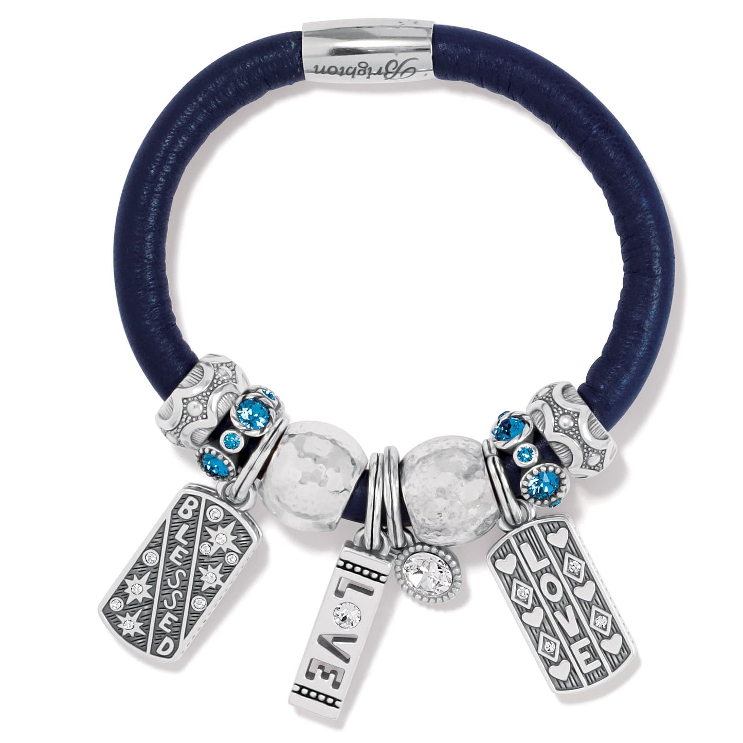 Brighton charm bracelet with navy leather band, silver-plated beads, blue crystals, and Love and Blessed charms on a white background