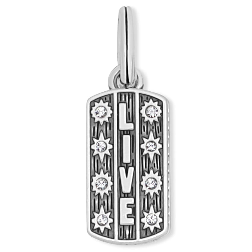 Brighton charm pendant with silver-plated LIVE lettering, crystal-accented stars, and engraved detailing on a white background