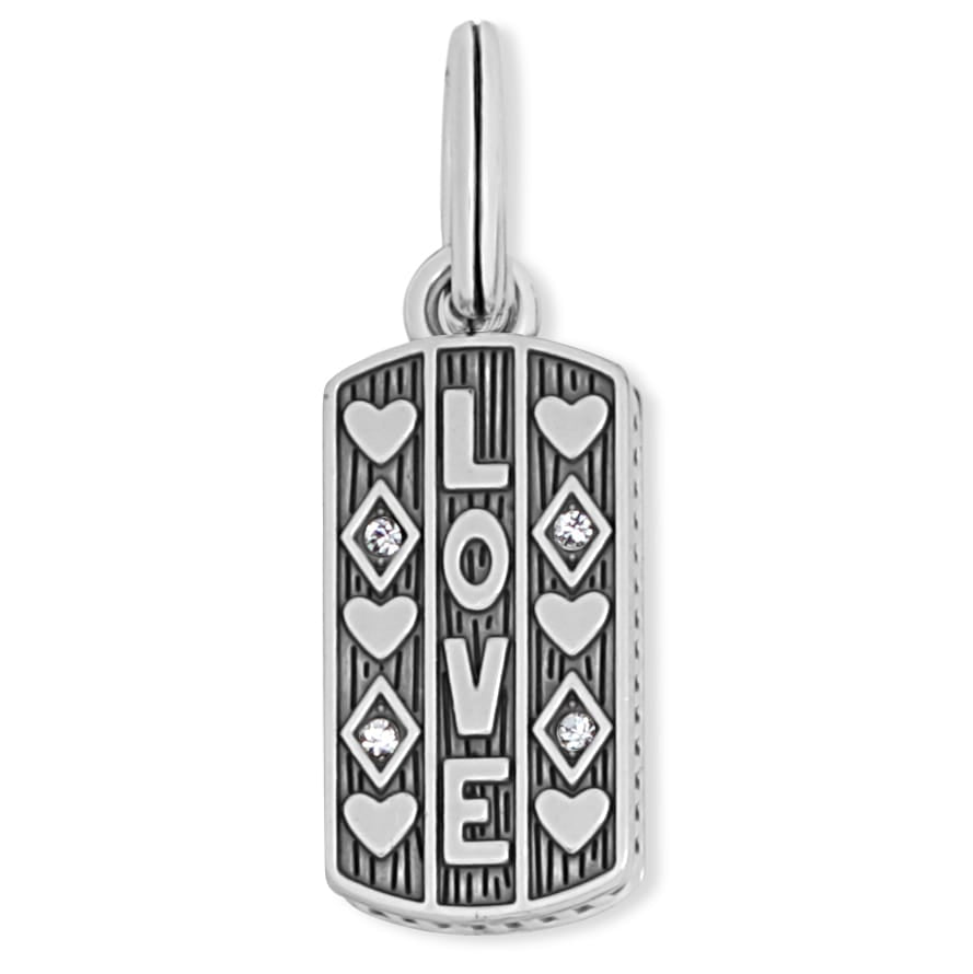 Brighton silver-plated charm with vertical LOVE lettering, heart accents, and crystal diamond details on a white background