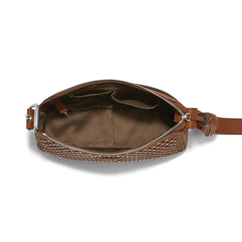 Brighton brown handbag shown open with interior pocket, studded exterior, leather strap, and silver-tone hardware on a white background