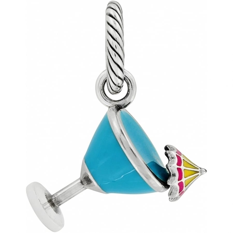 Brighton cocktail glass charm with turquoise enamel and silver-plated finish with pink umbrella on white background