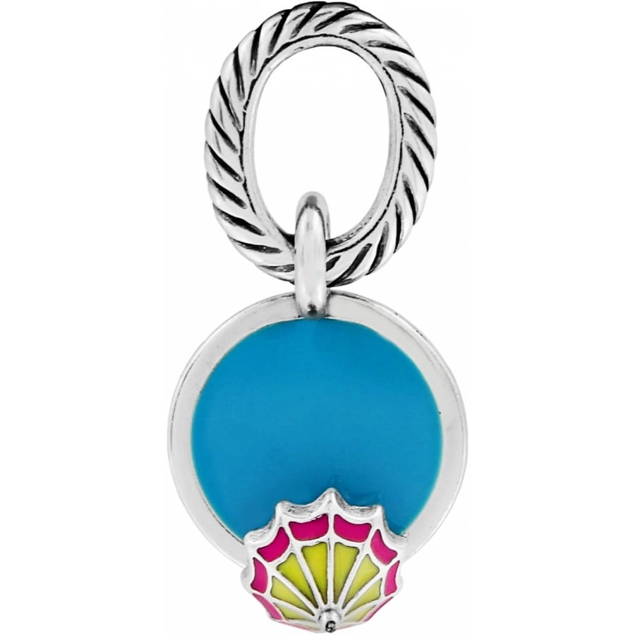 Brighton charm with turquoise enamel disc, pink and yellow seashell accent, and silver-plated rope bail on a white background