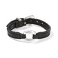 Brighton black leather bracelet with hammered silver-plated oval ring center and adjustable buckle closure on a white background