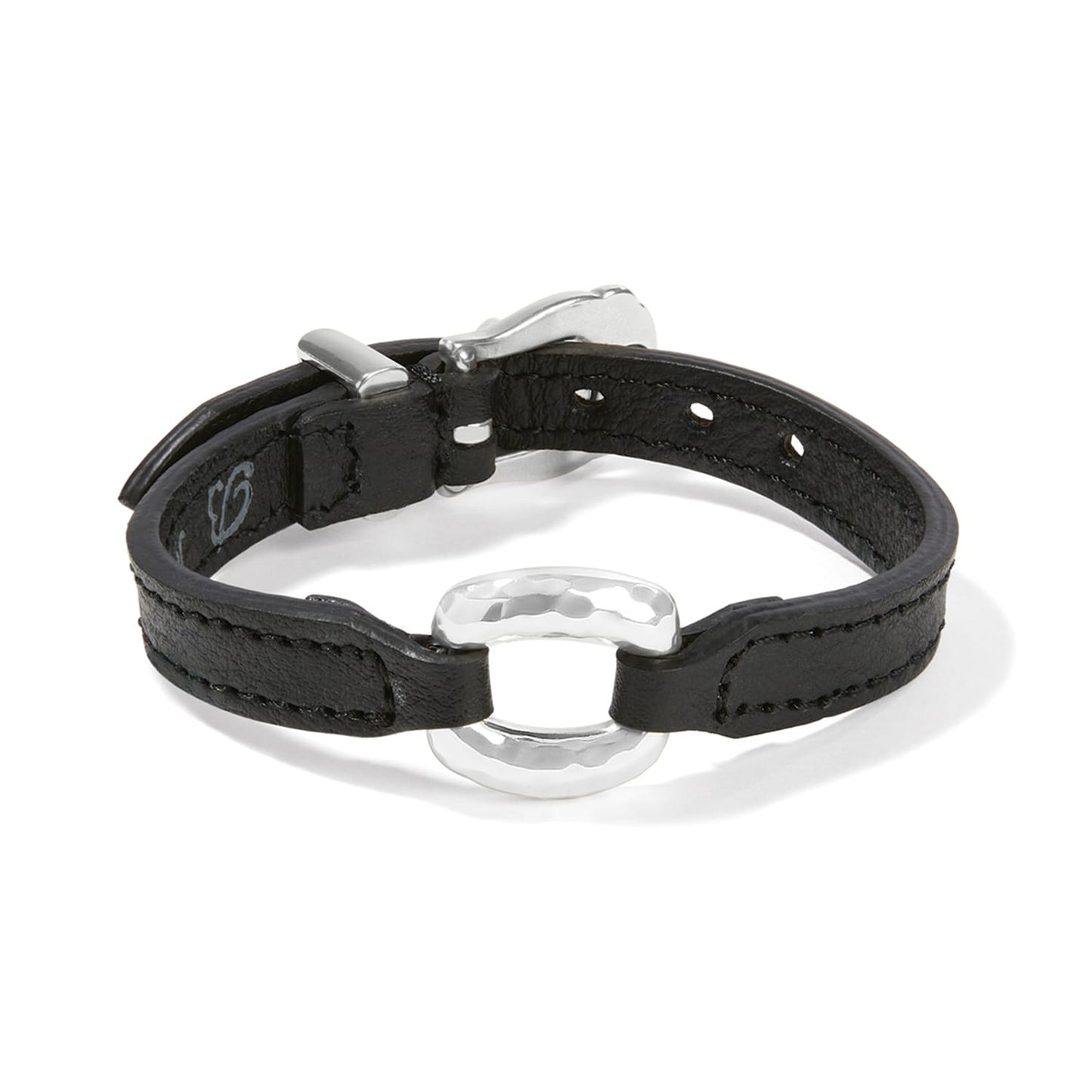 Brighton black leather bracelet with hammered silver-plated oval ring center and adjustable buckle closure on a white background