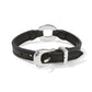 Brighton black leather bracelet with silver-plated oval center ring and buckle closure on a white background