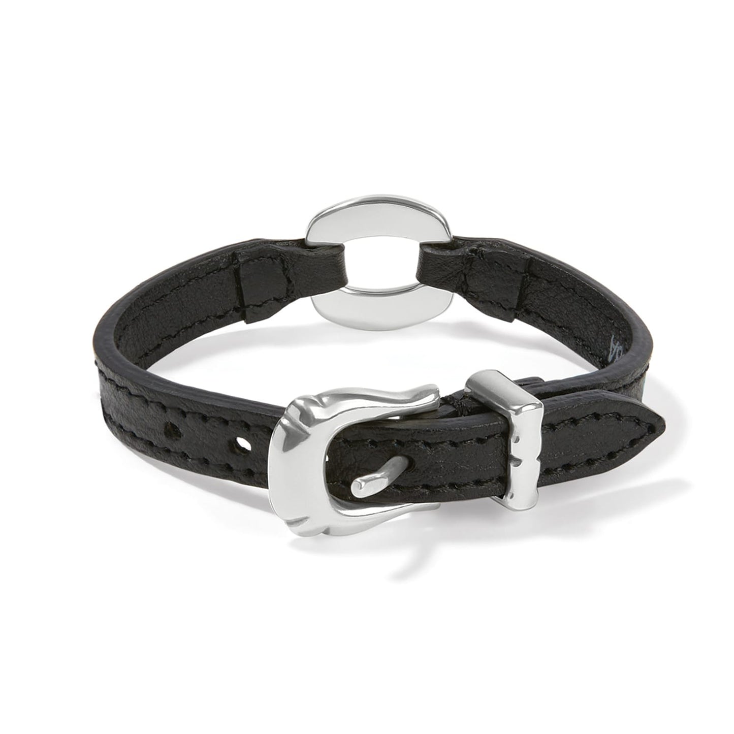 Brighton black leather bracelet with silver-plated oval center ring and buckle closure on a white background