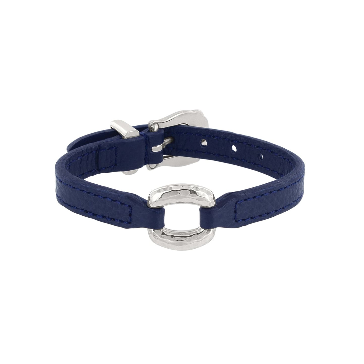 Brighton bracelet with blue leather strap, hammered silver-plated oval centerpiece, and buckle closure on a white background