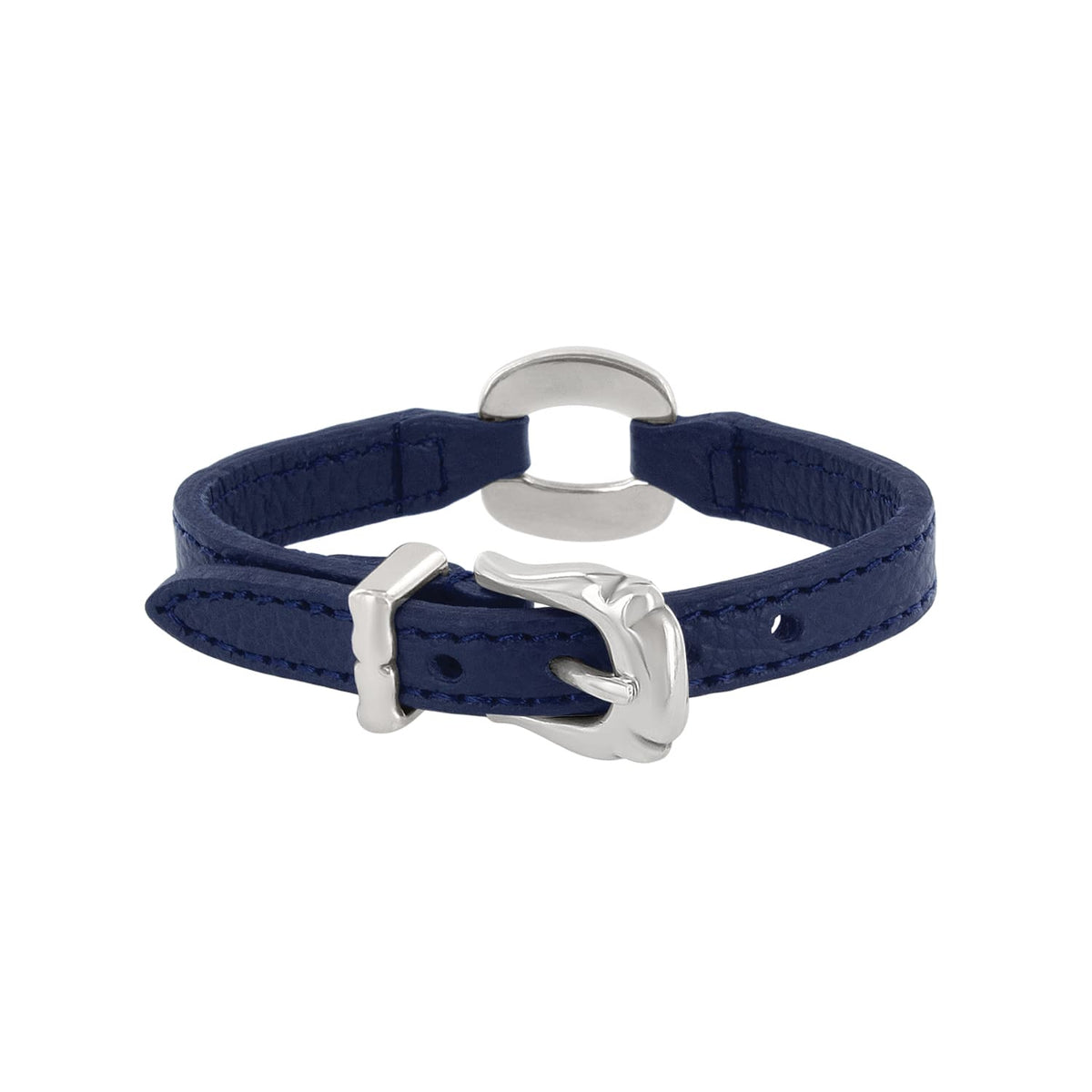 Brighton blue leather bracelet with silver-plated buckle closure and circular center accent on a white background
