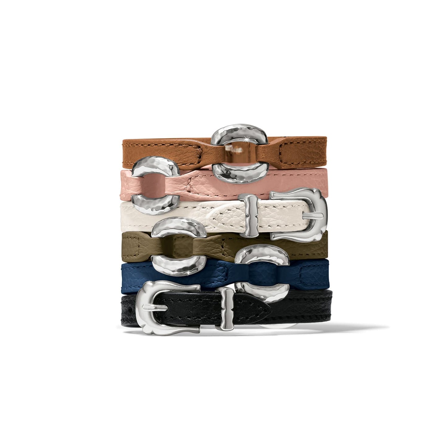 Brighton leather bracelets stacked in brown, pink, white, olive, navy, and black with silver-plated buckles on a white background