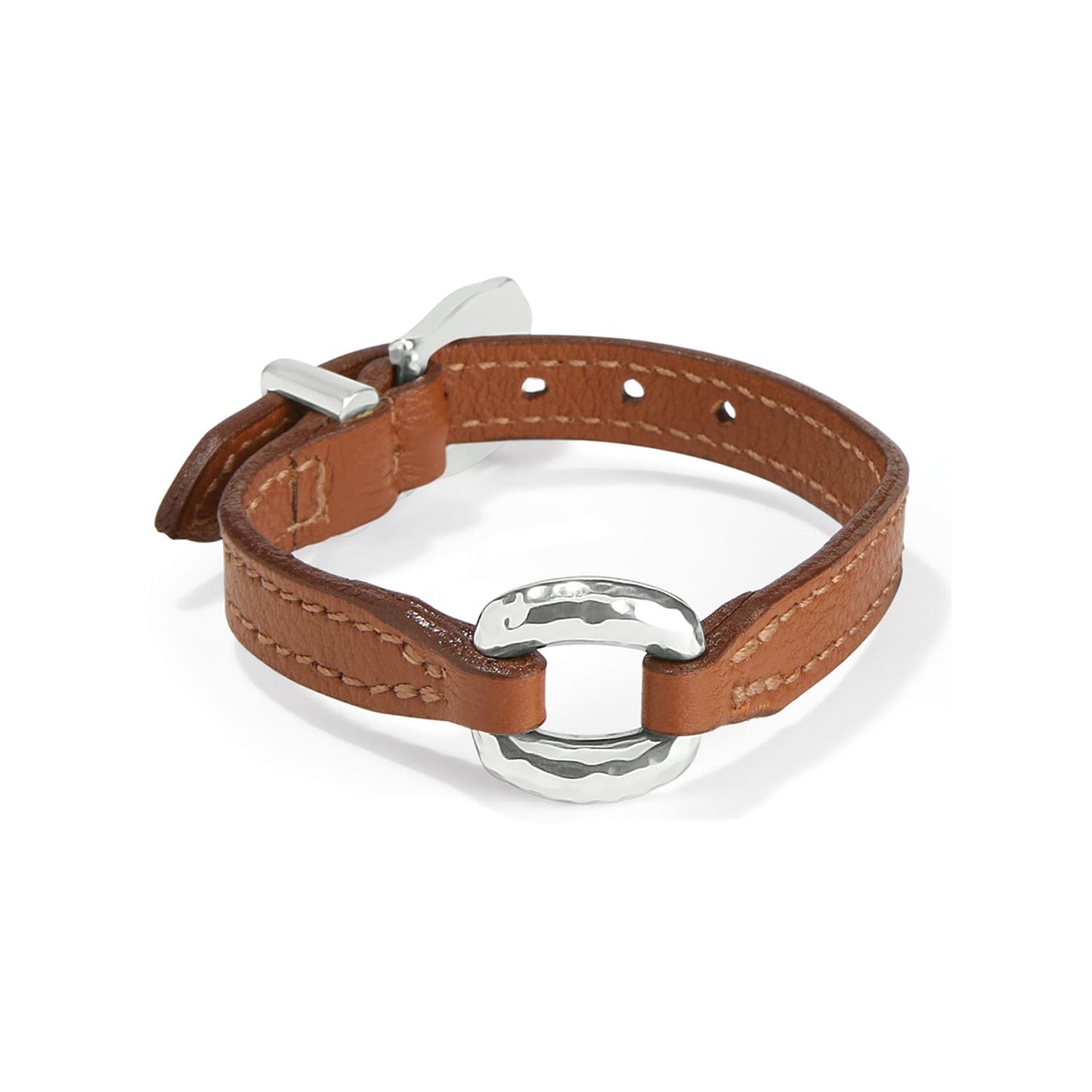 Brighton brown leather bracelet with silver-plated hammered ring centerpiece and buckle closure on a white background