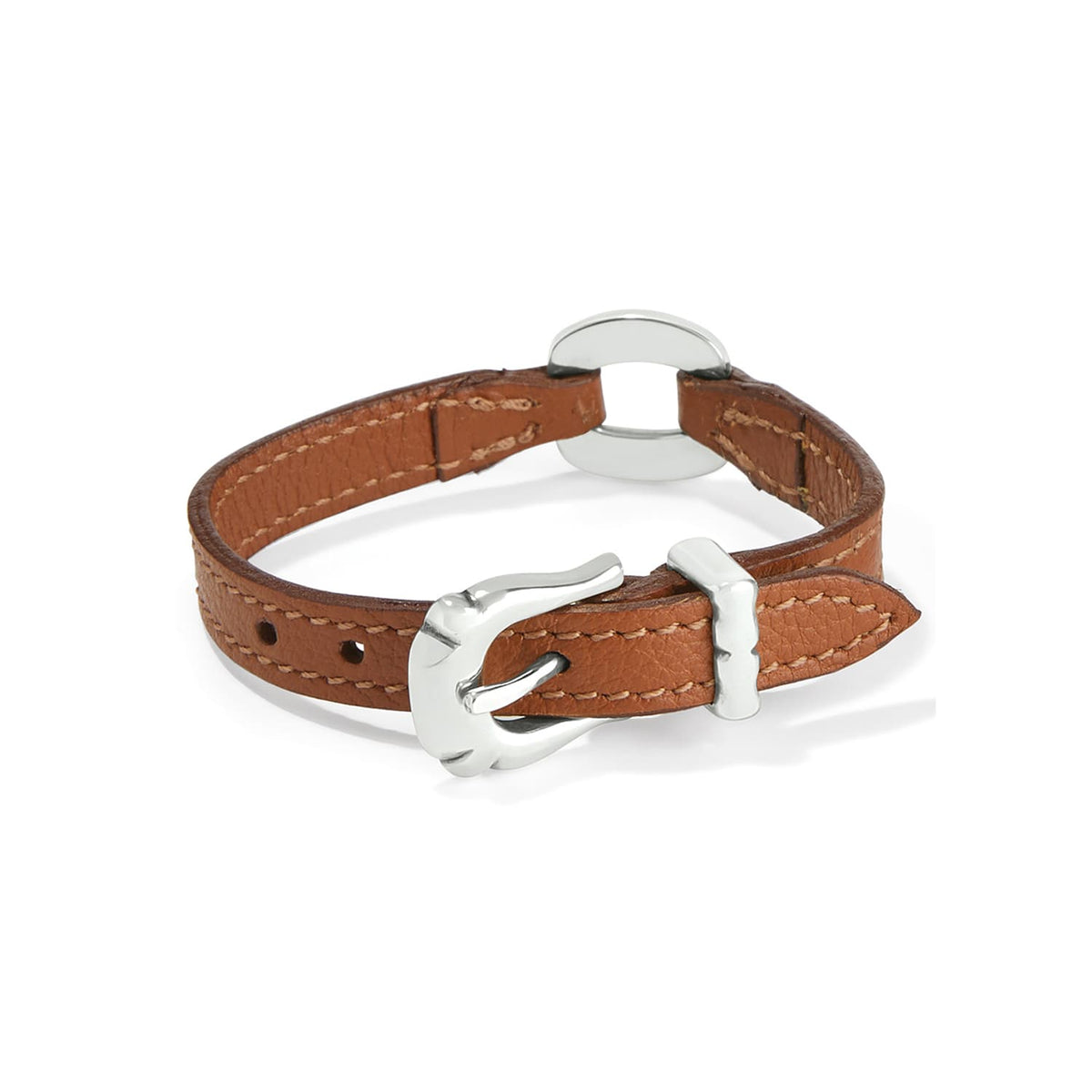 Brighton brown leather bracelet with contrast stitching, silver-plated buckle closure, and circular center accent on a white background