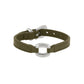 Brighton olive green leather bracelet with silver-plated hammered oval centerpiece and buckle closure on a white background