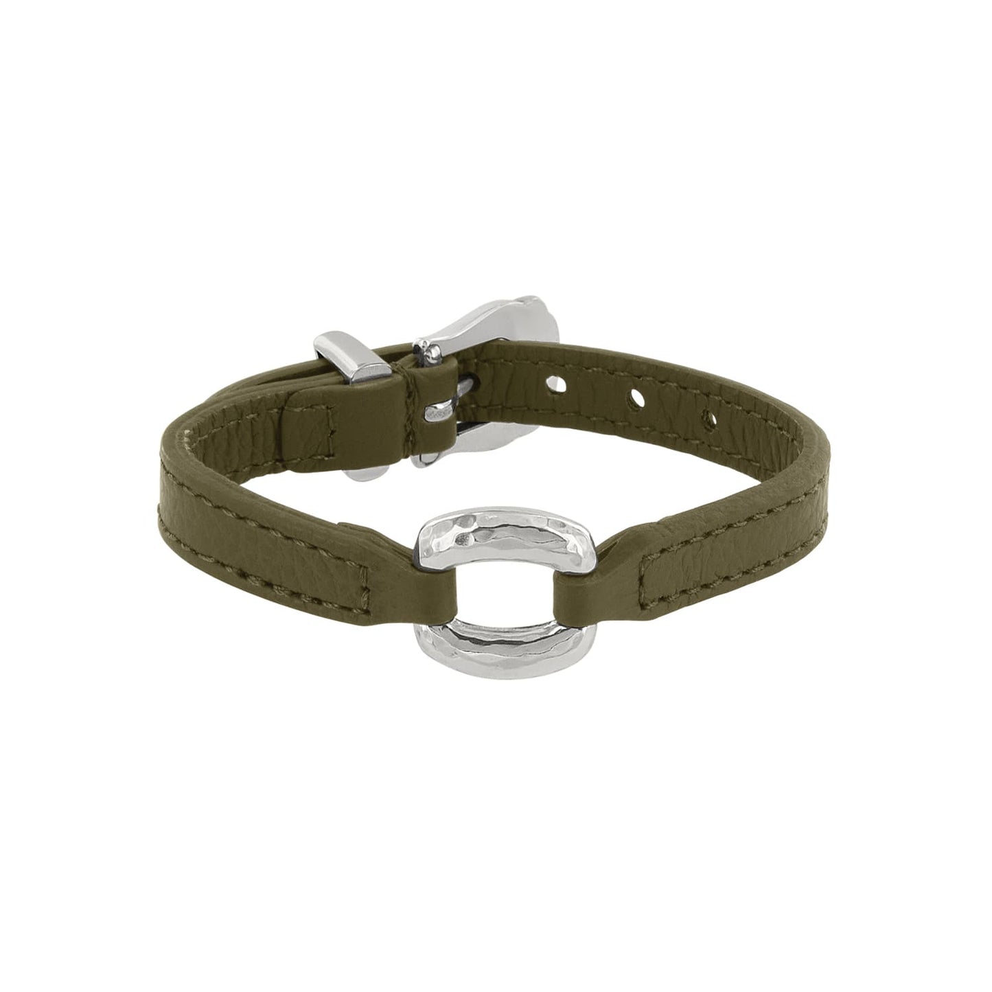 Brighton olive green leather bracelet with silver-plated hammered oval centerpiece and buckle closure on a white background