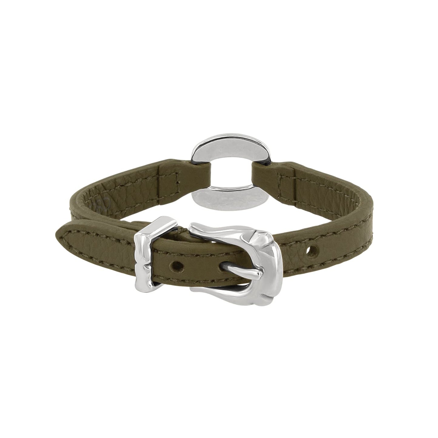 Brighton bracelet in olive green leather with silver-plated buckle closure and circular center accent on a white background