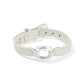 Brighton white leather bracelet with hammered silver-plated ring center and silver-plated buckle closure on a white background