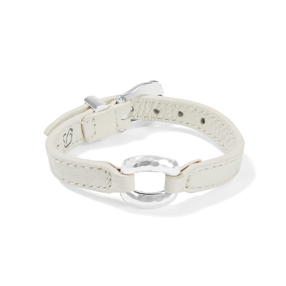 Brighton white leather bracelet with hammered silver-plated ring center and silver-plated buckle closure on a white background