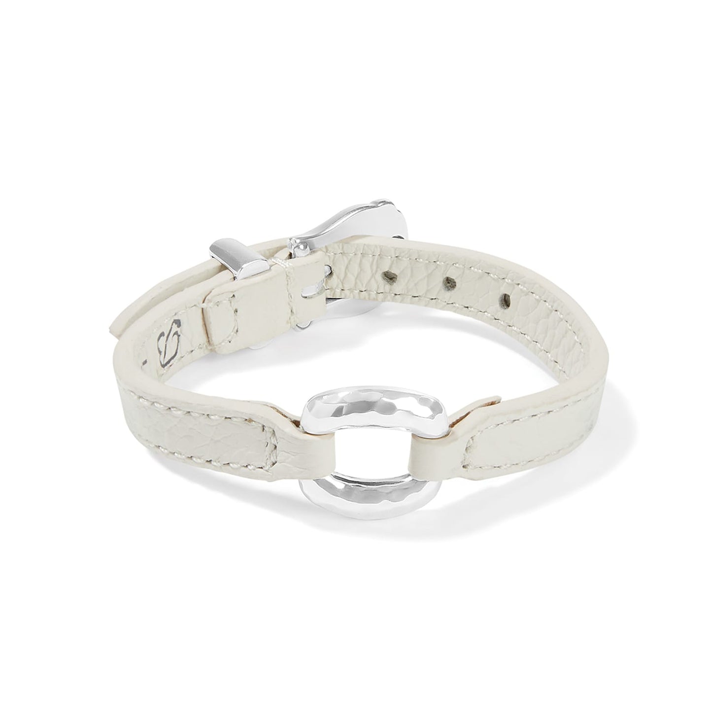 Brighton white leather bracelet with hammered silver-plated ring center and silver-plated buckle closure on a white background