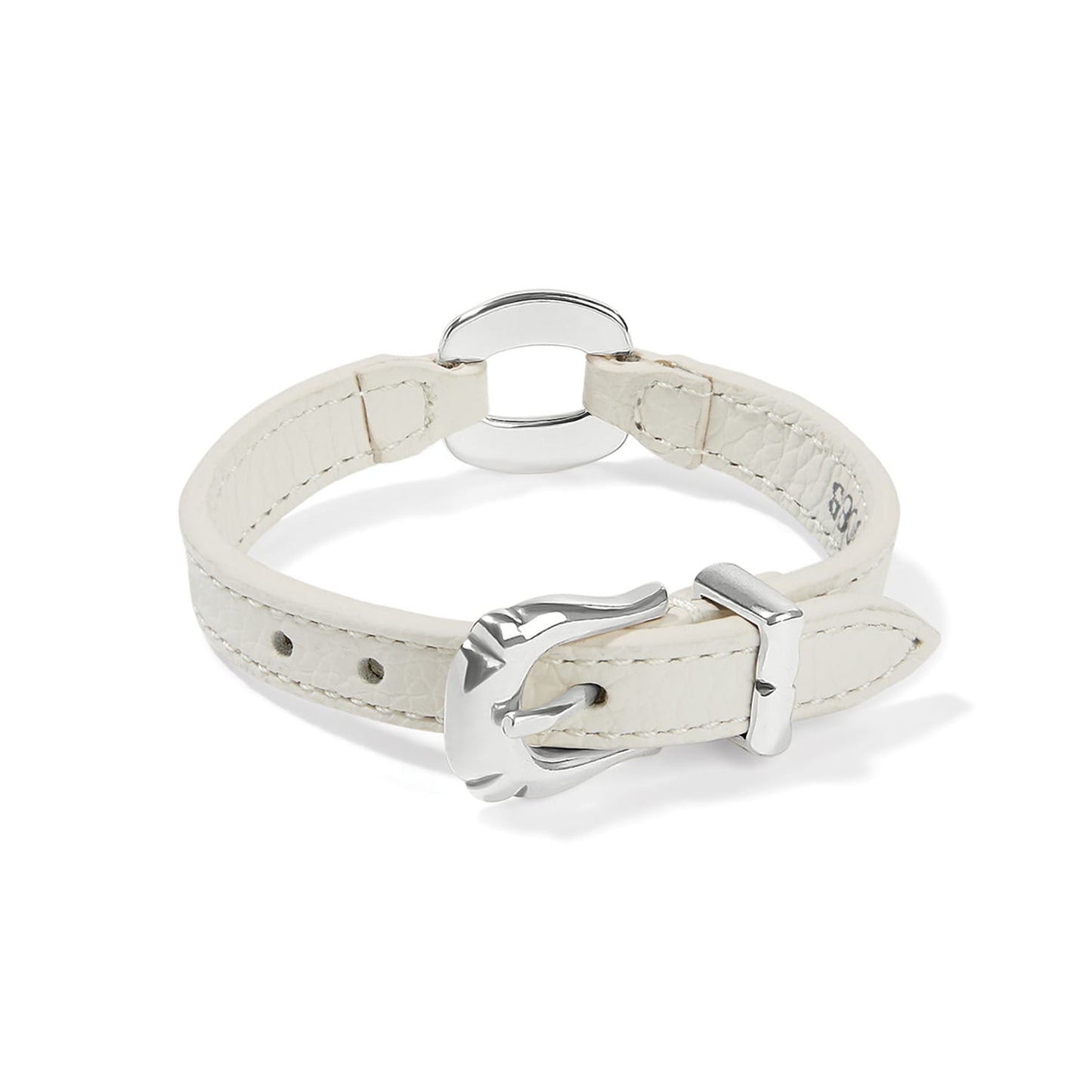 Brighton bracelet in white leather with silver-plated ring accent and buckle closure on a white background