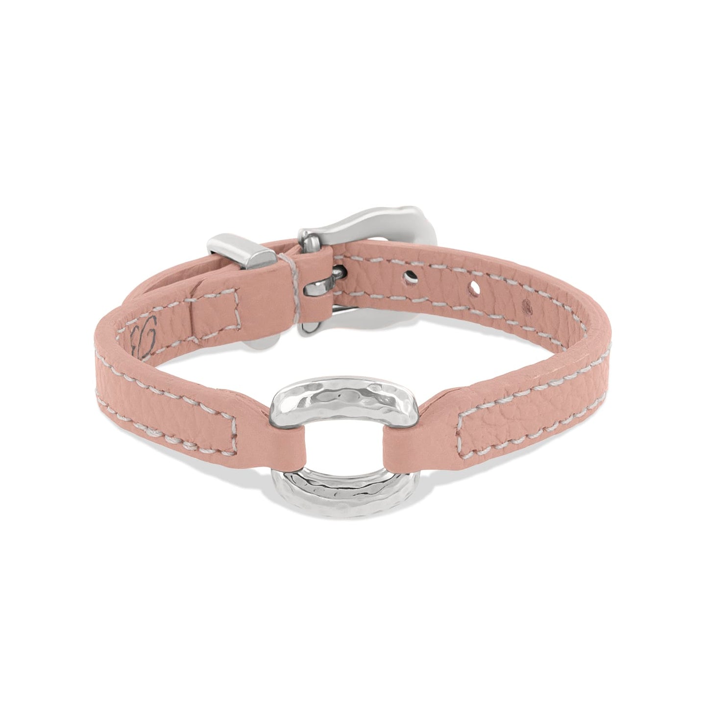 Brighton bracelet with pink leather strap, silver-plated hammered oval center, and buckle closure on a white background