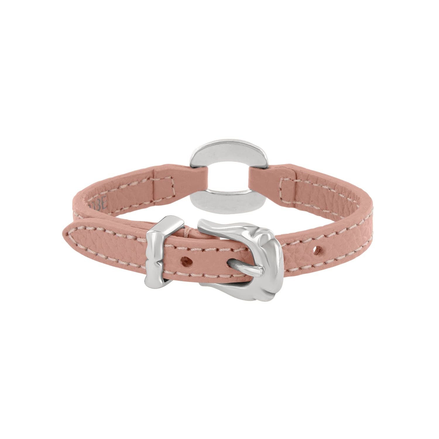 Brighton pink leather bracelet with silver-plated buckle closure and oval center accent on a white background