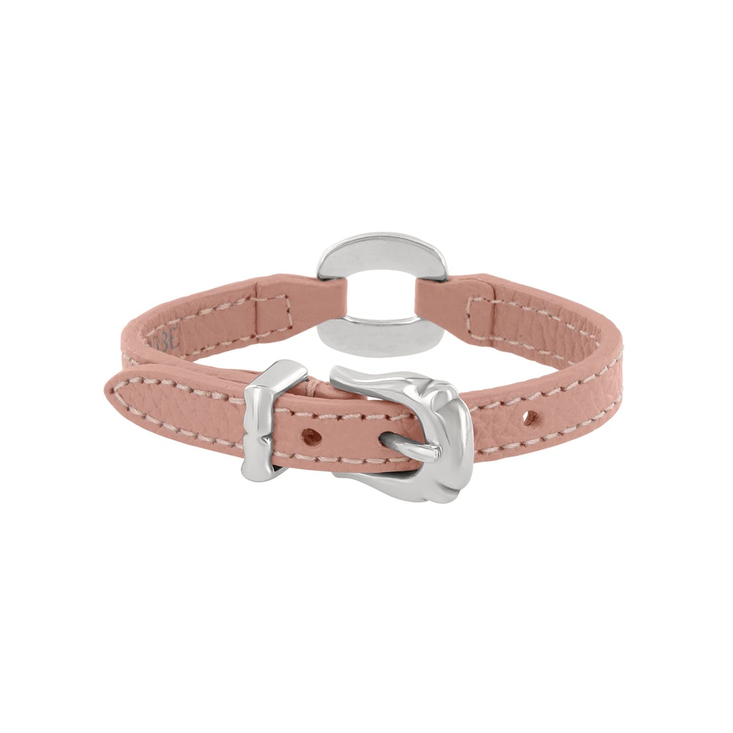 Brighton pink leather bracelet with silver-plated buckle closure and oval center accent on a white background