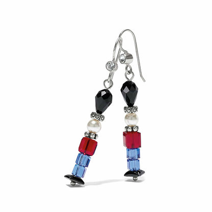 Brighton drop earrings with black, red, and blue crystal beads, pearl accents, and silver-plated details on a white background