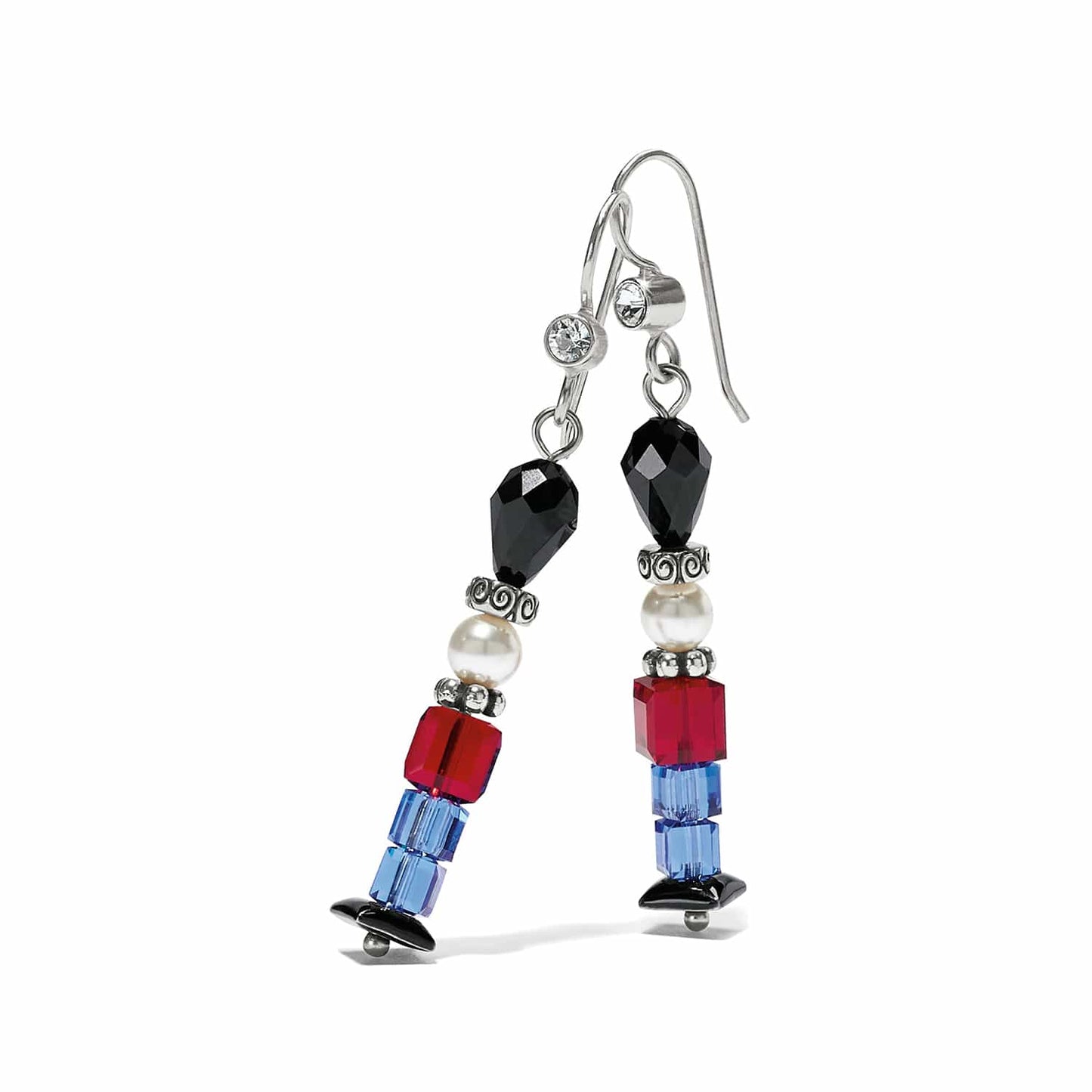 Brighton drop earrings with black, red, and blue crystal beads, pearl accents, and silver-plated details on a white background