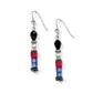 Brighton drop earrings with black, red, and blue crystals, pearl beads, and silver-plated accents on a white background