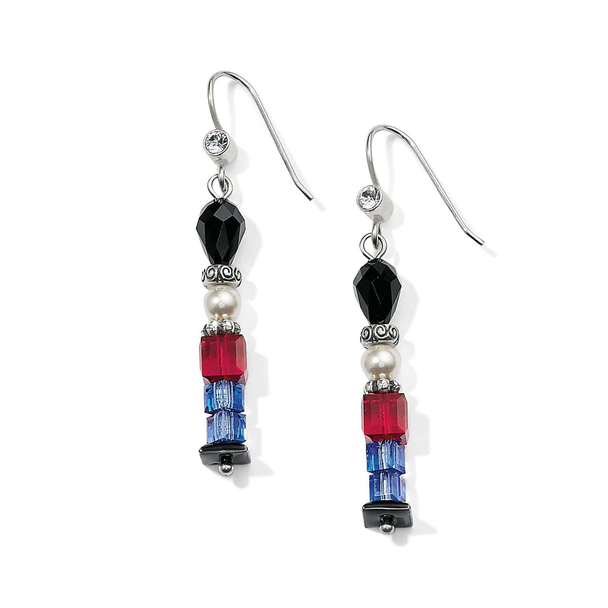 Brighton drop earrings with black, red, and blue crystals, pearl beads, and silver-plated accents on a white background