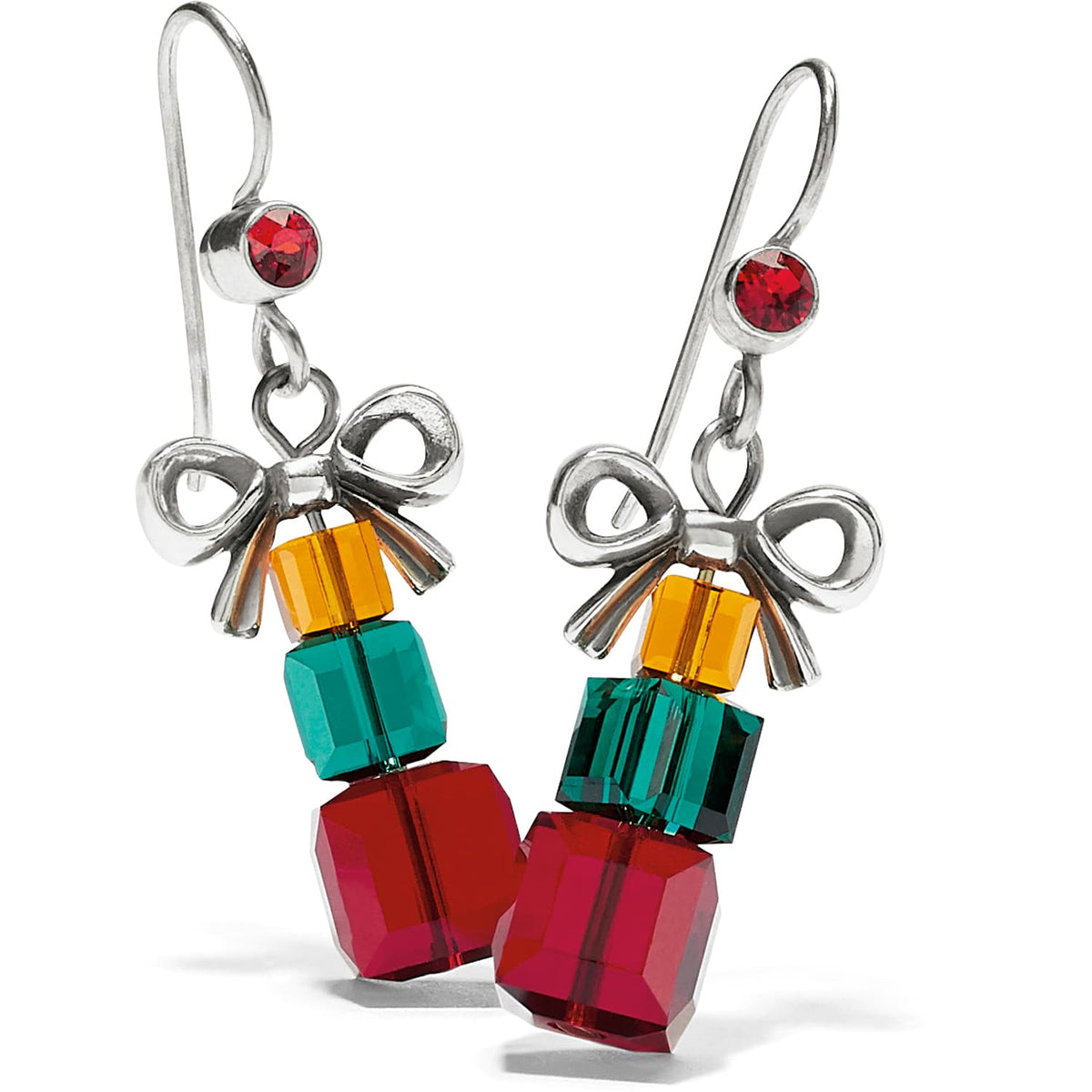 Brighton drop earrings with silver-plated bows and stacked red, teal, and amber crystal cubes on a white background