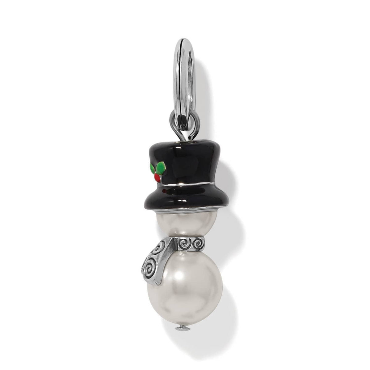 Brighton snowman charm with glass pearl body, black enamel top hat, and silver-plated scarf on a white background