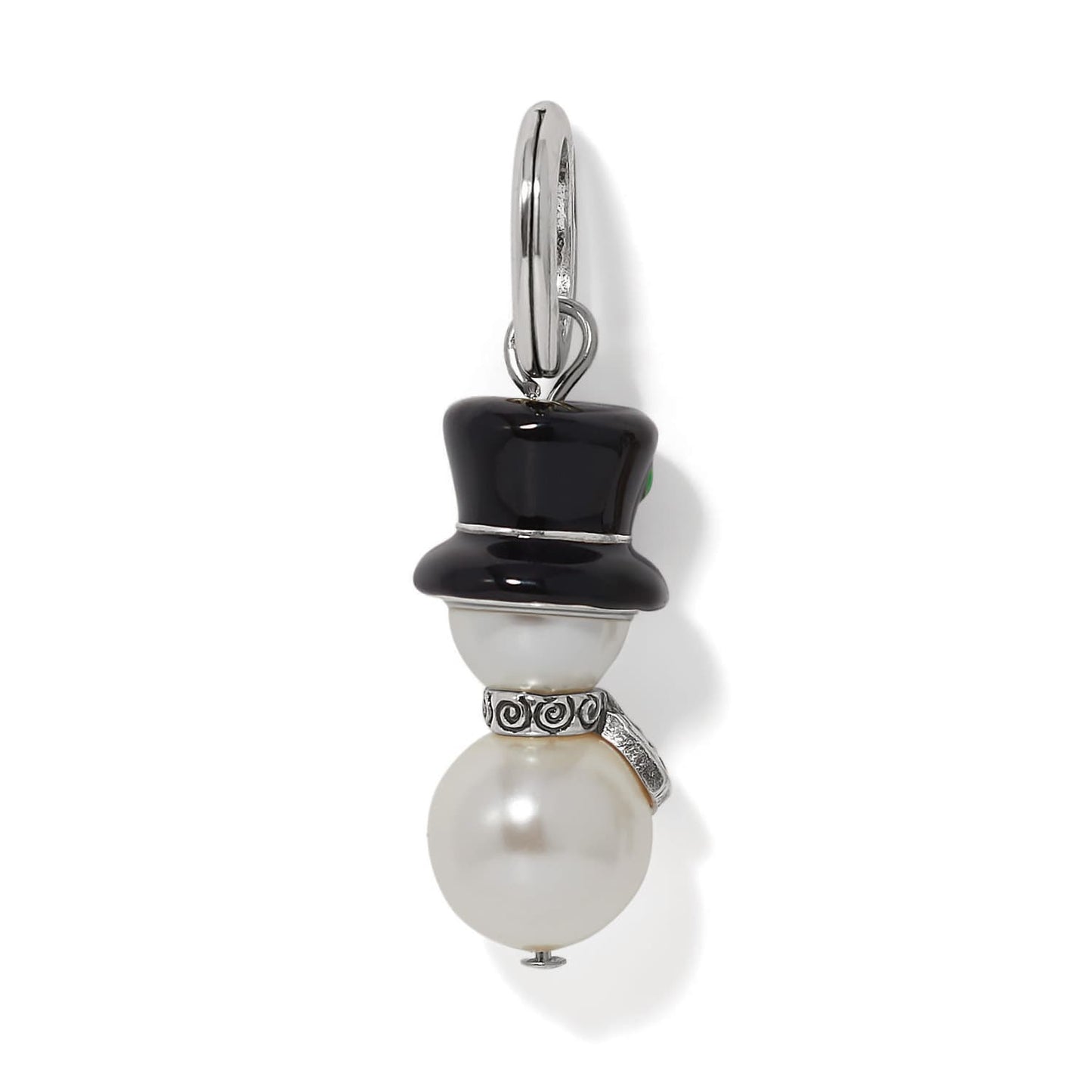 Brighton snowman charm with glass pearl body, black enamel top hat, and silver-plated accents on a white background