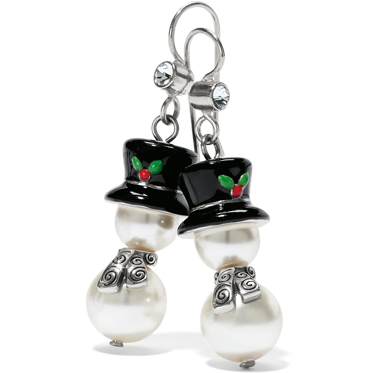 Brighton snowman drop earrings with pearl beads, black top hats, holly accents, and crystals on a white background