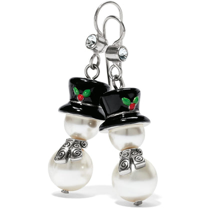 Brighton snowman drop earrings with pearl beads, black top hats, holly accents, and crystals on a white background